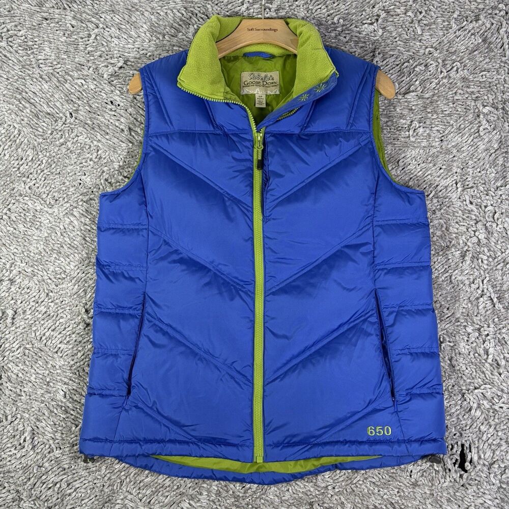 Cabelas 650 Goose Down Puffer Vest Jacket Womens Small Blue Full Zip Winter